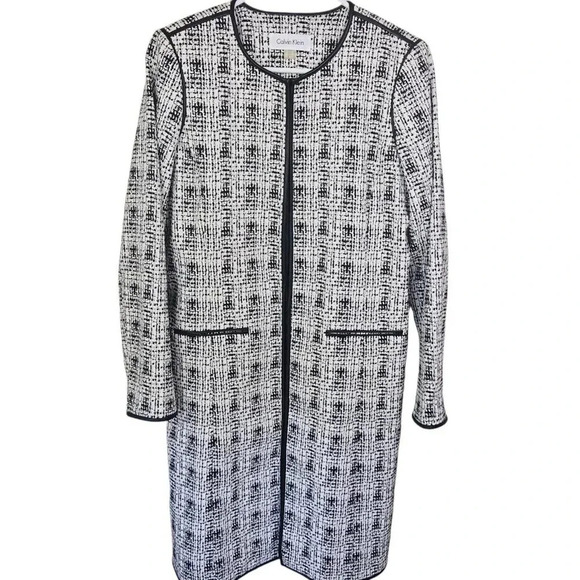 Calvin Klein White Black Printed Jacket Faux-Leather-Trim Long Duster Size 8 - Picture 12 of 13